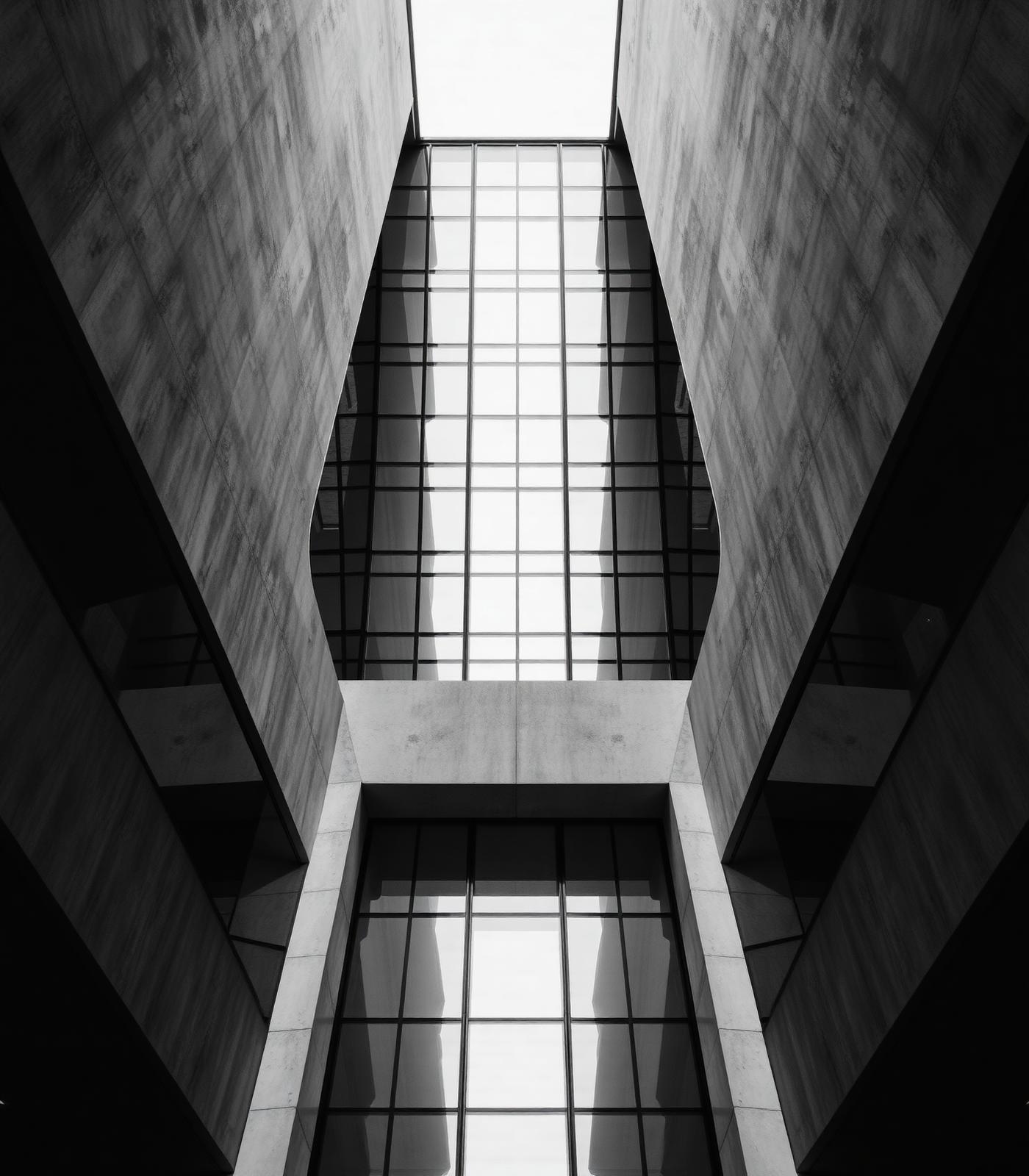 Symmetrical view of a modernist concrete atrium with a glass ceiling