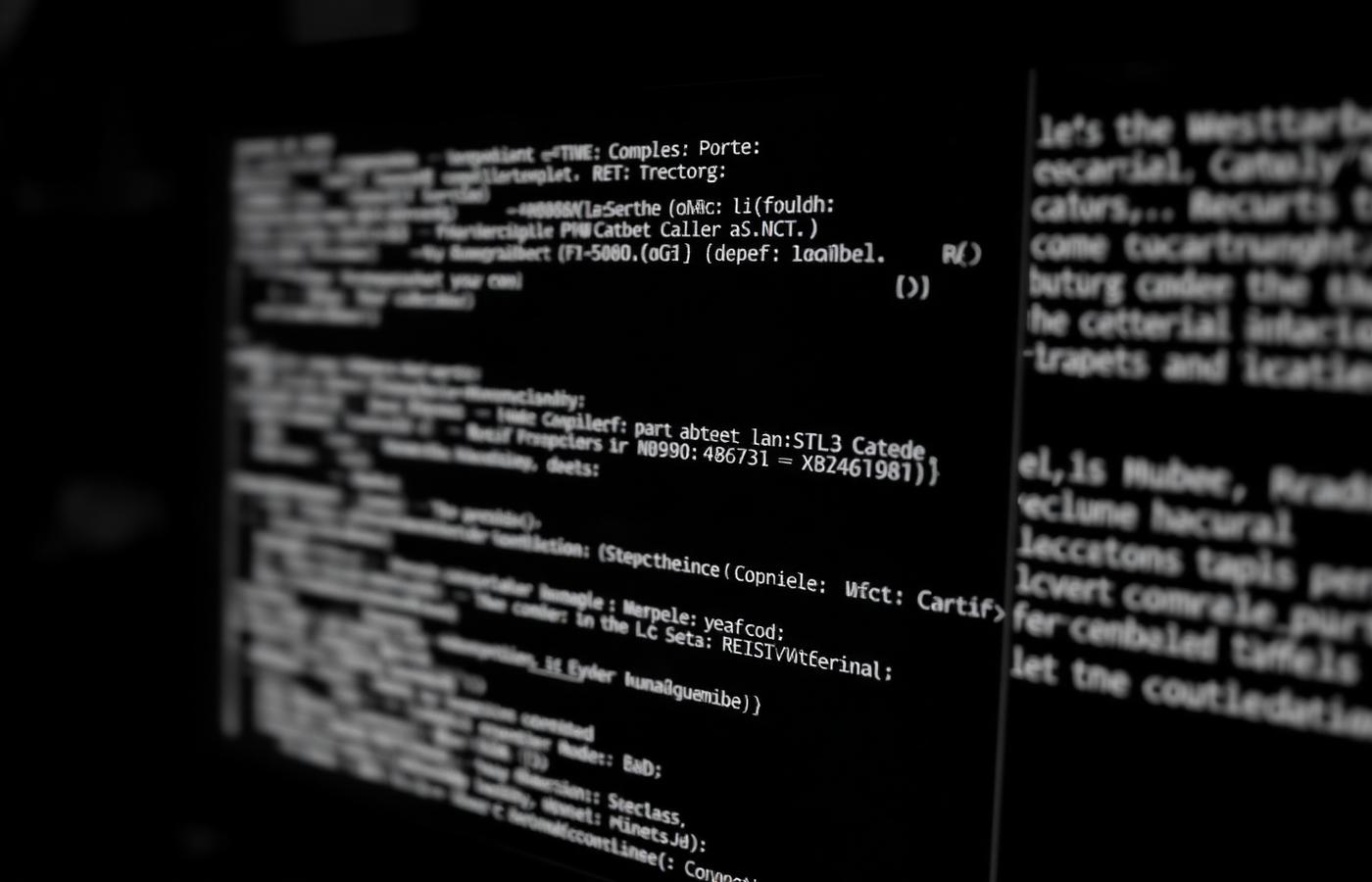 Close-up of source code rendered on a dark monitor with narrow depth of field