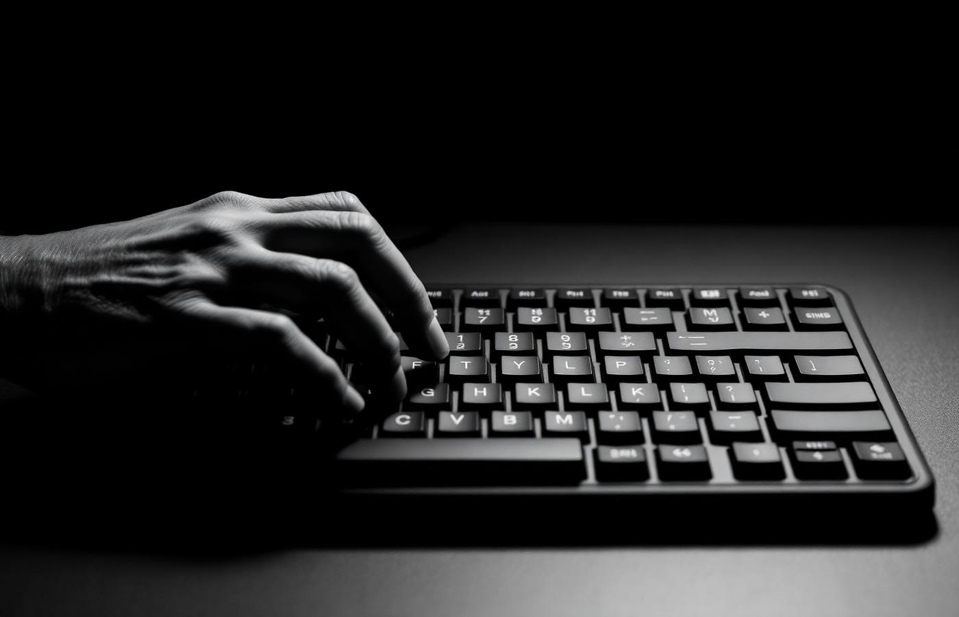 A single hand resting on a mechanical keyboard, lit from one side against a dark background