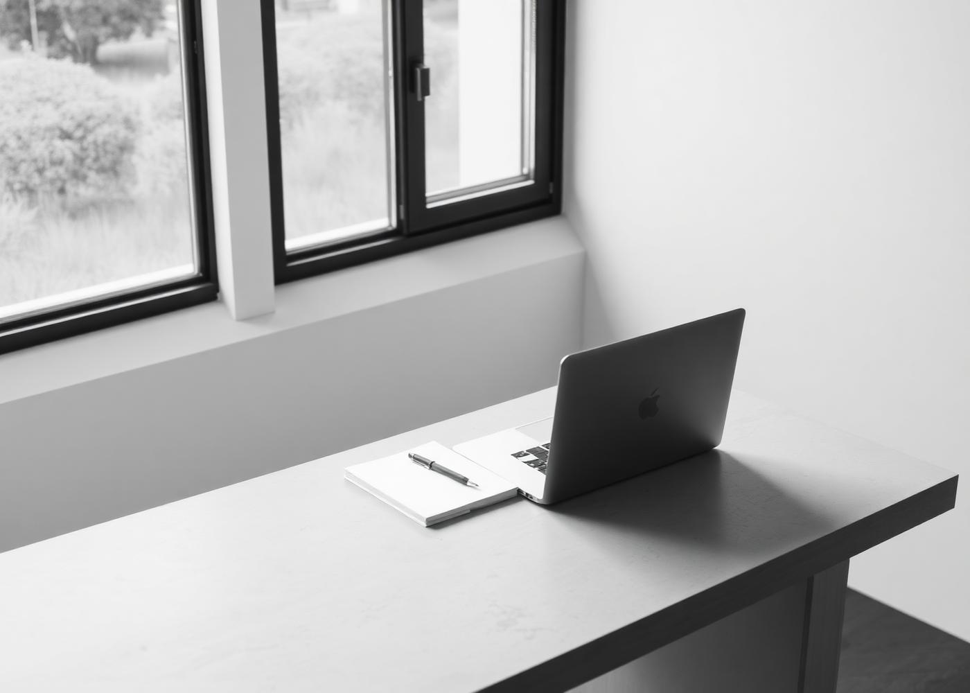 A minimalist desk with a laptop and open notebook lit by daylight from a window